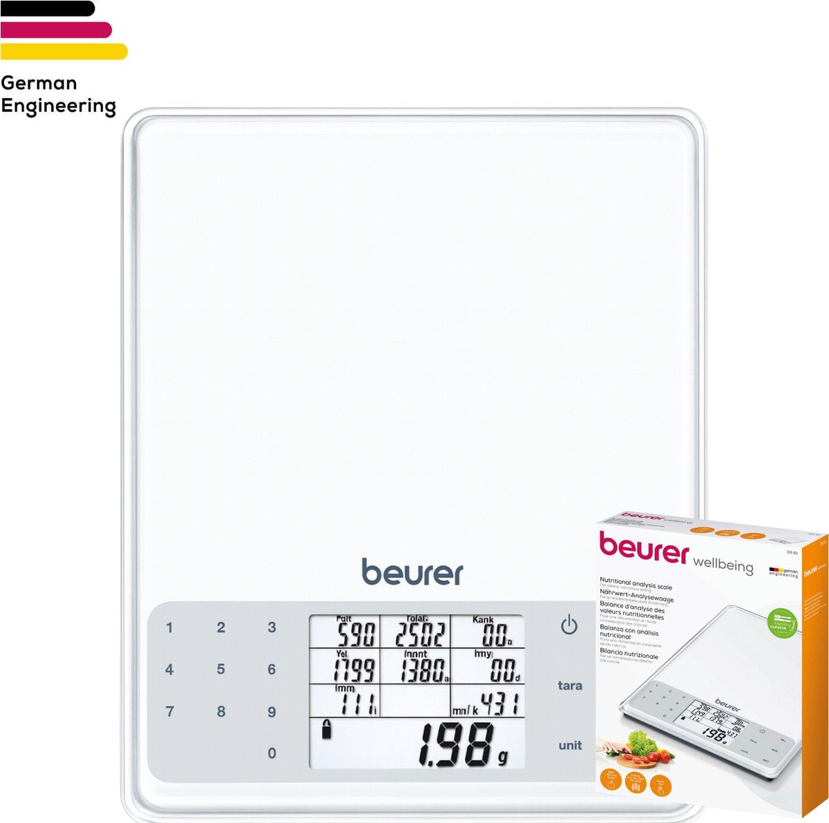 Beurer ds 61 digitale Diät-Küchenwaage – Analyse 950 Lebensmittel – Touch-Bedienung – Tara-Funktion – bis 5 kg – inkl. Batterien - 3 Jahre Garantie - weiß