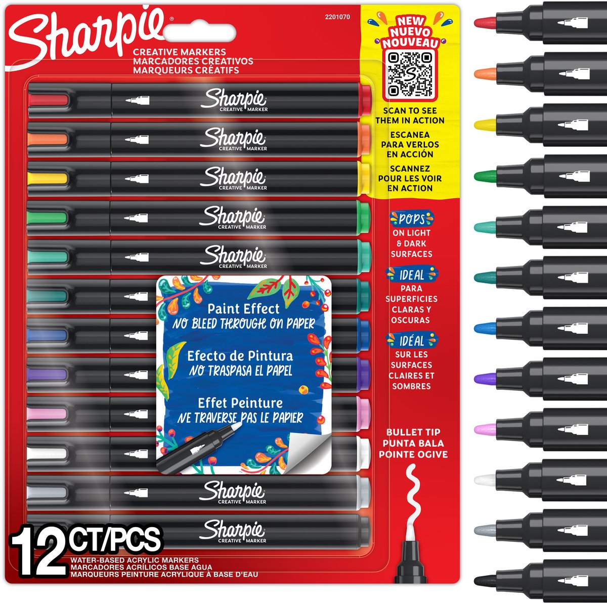 Sharpie Kreativmarker Acrylfarbenmarker | runde Spitze | wasserbasierte Farbmarker | Tinte verläuft nicht und ist für die meisten Oberflächen geeignet | verschiedene Farben | 12 Stück