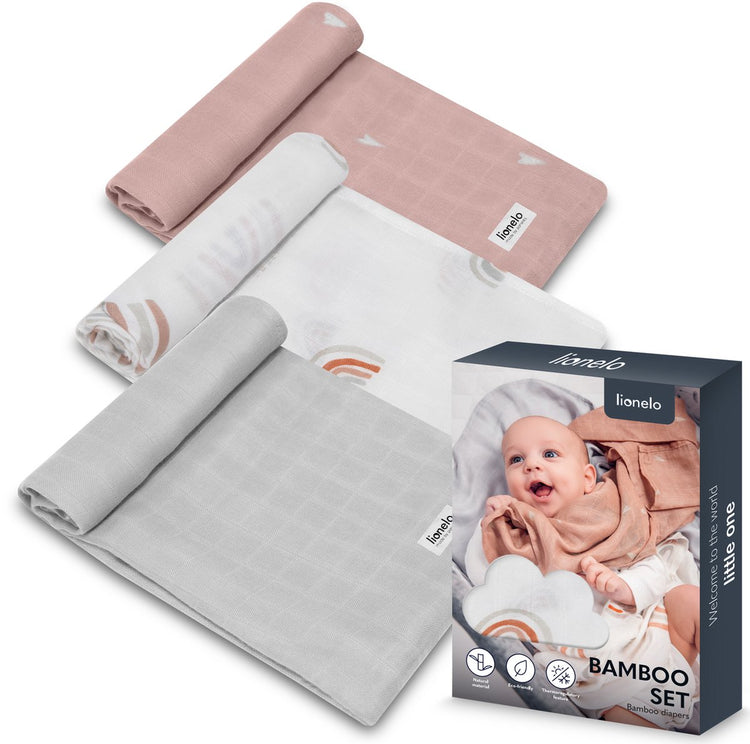 Lionelo Bambus-Set – Windeln aus 100 % Bambus-Baumwolle – 3-teiliges Set – 70 x 70 cm – hypoallergen – antibakteriell – thermoregulierend – atmungsaktiv weich – mehrfarbig – waschbar – ab der Geburt