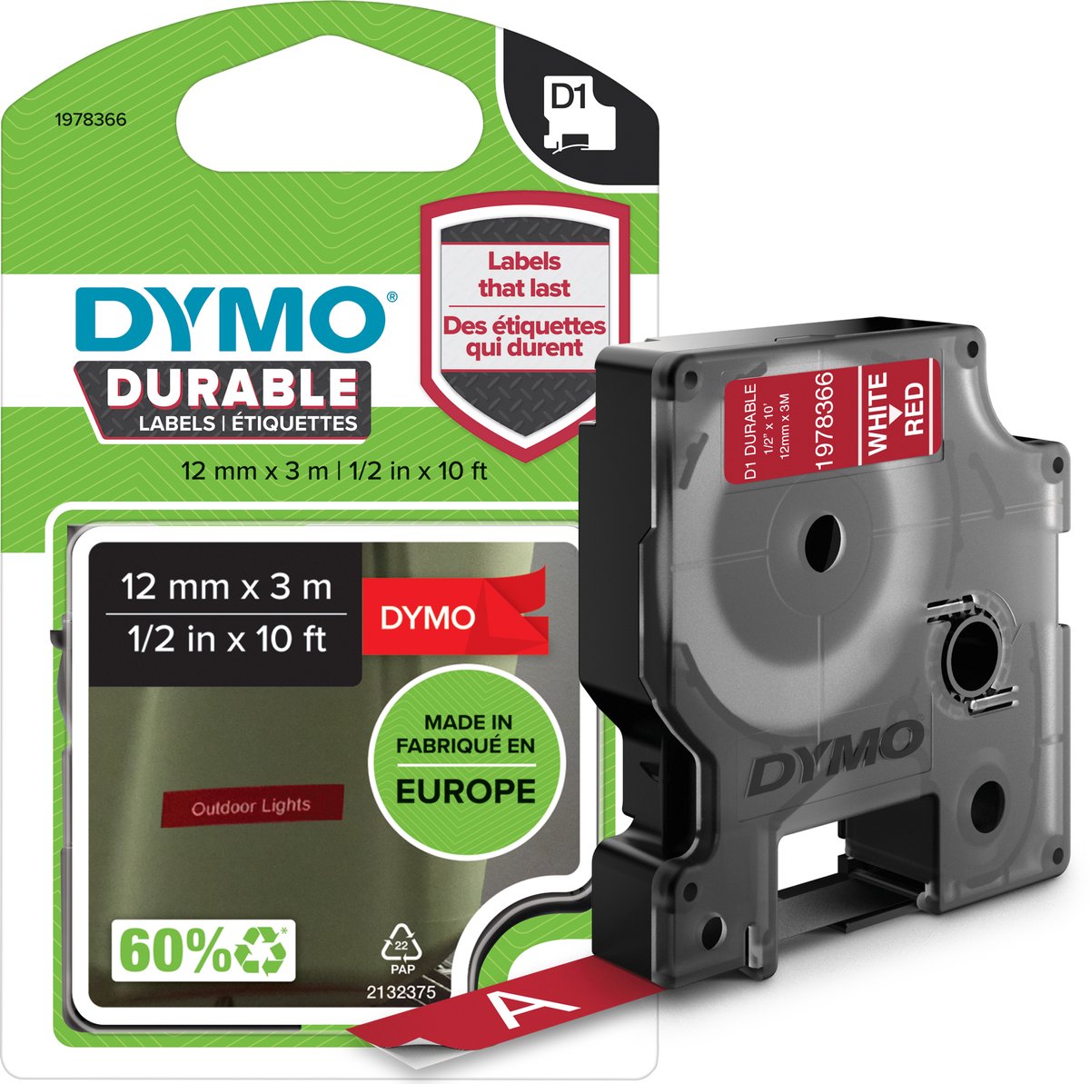 Dymo Original D1 langlebige Etiketten | weißer Text auf rotem Etikett | 12mm x 3m | selbstklebende Etiketten für den Etikettendrucker Label Manager | Hergestellt in Europa