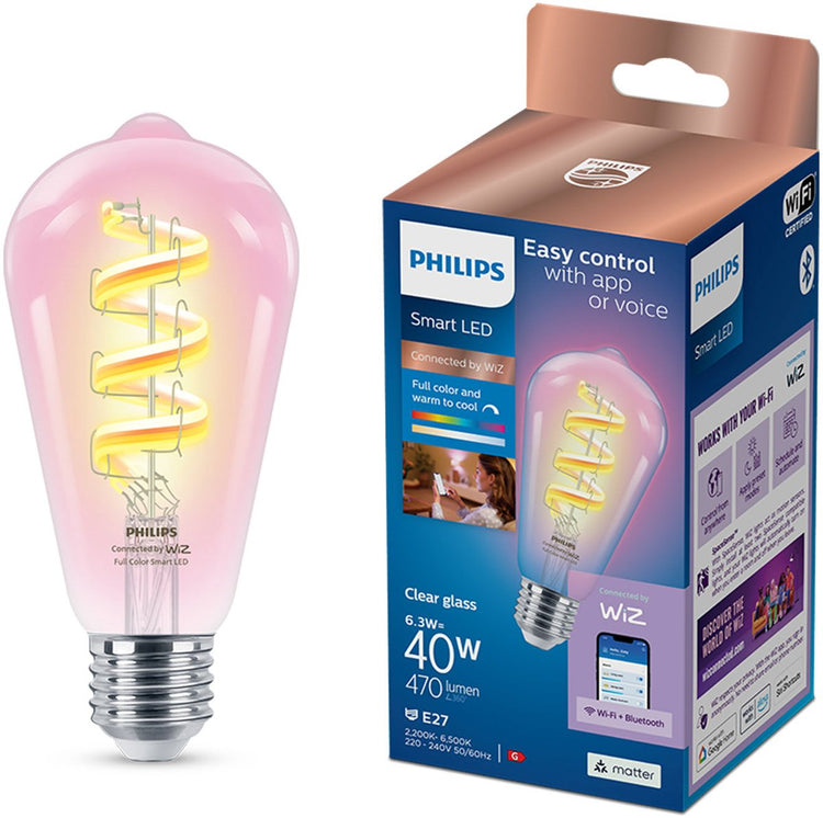 Philips intelligente Beleuchtung – Edison-Filament – intelligente LED-Beleuchtung – farbiges und weißes Licht – E27 – transparent – 40 W – WLAN