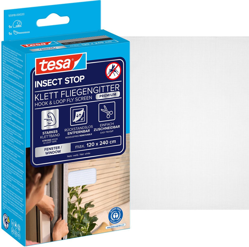 Tesa Insect Stop H L Fliegengitter Premium für Fenster – Insektenschutz mit starkem Klettverschluss, rückstandslos abnehmbar, zuschneidbar – 120 x 240 cm – weiß (leichter Sichtschutz)