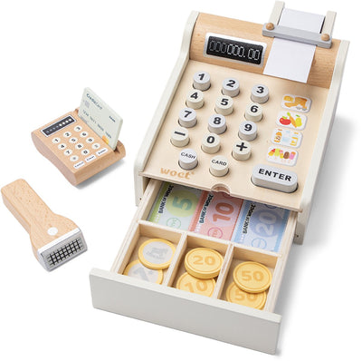 Woet® Holzspielzeug-Registrierkasse – Registrierkasse inklusive Scanner, PIN-Automat und Geld – Rollenspiel-Shop – Lernspielzeug – ab 3 Jahren