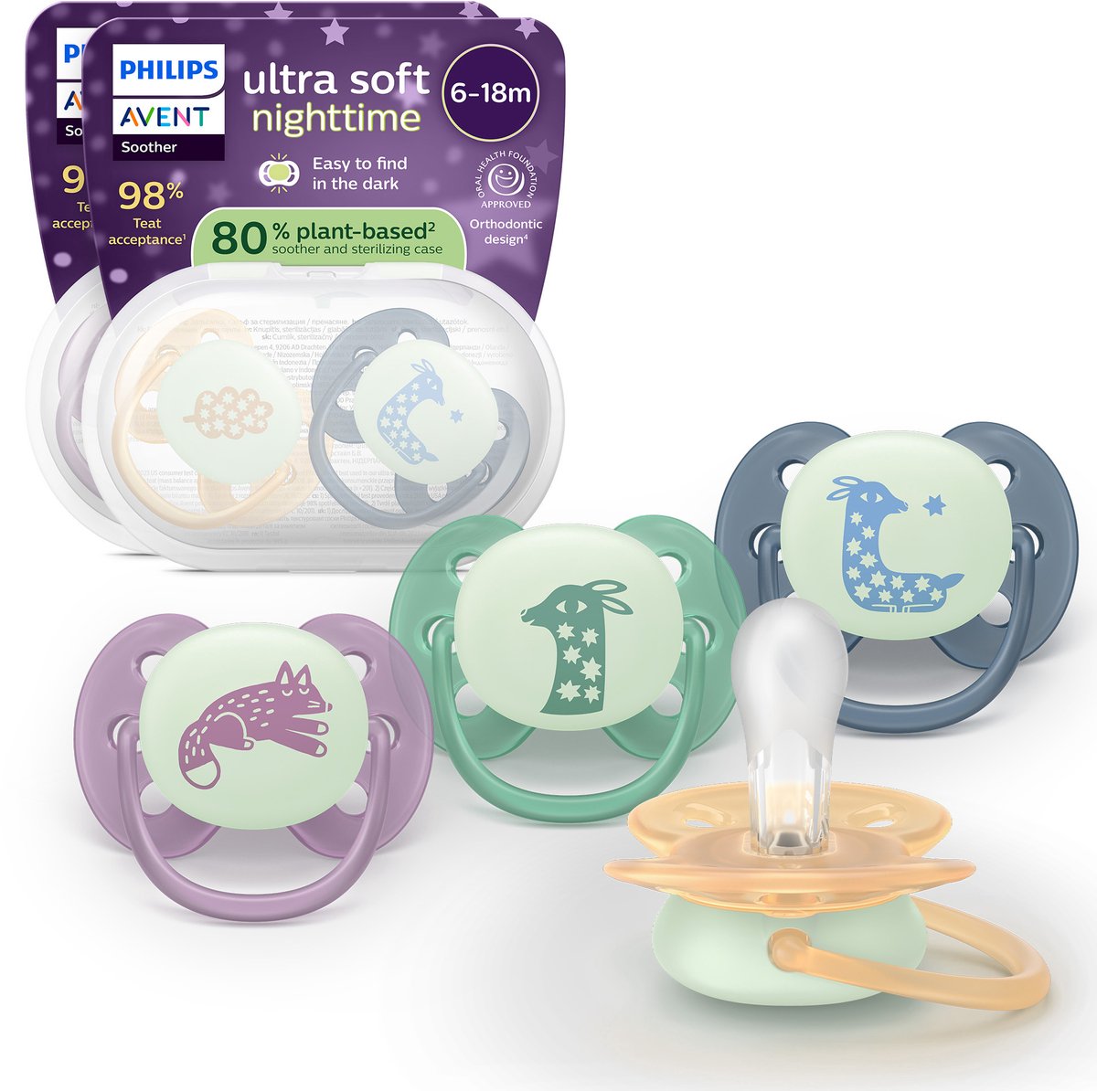 Philips Avent Ultra Soft Nighttime – 6 bis 18 Monate – im Dunkeln leuchtender Schnuller – 4er-Pack – scf094 08