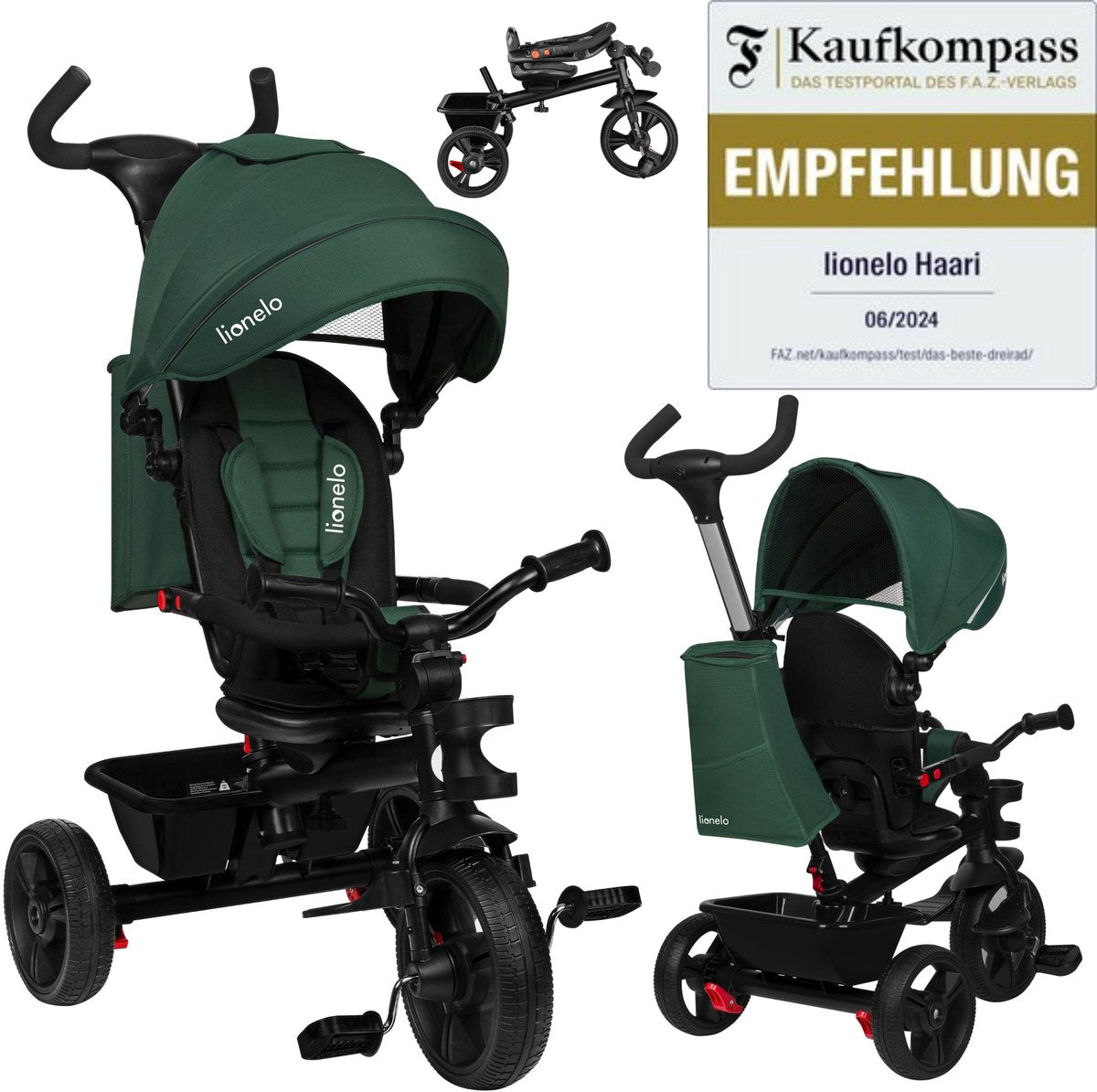 Lionelo haari - Dreirad - Getränkehalter - 2in1 - Drehsitz - wartungsfreie Gummiräder - Freilauf - Schiebestange für Eltern - Markise - Korb und Tasche - Getränkehalter - wächst mit - von 18 Monaten bis 25 kg