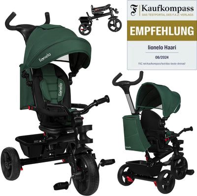 Lionelo haari - Dreirad - Getränkehalter - 2in1 - Drehsitz - wartungsfreie Gummiräder - Freilauf - Schiebestange für Eltern - Markise - Korb und Tasche - Getränkehalter - wächst mit - von 18 Monaten bis 25 kg
