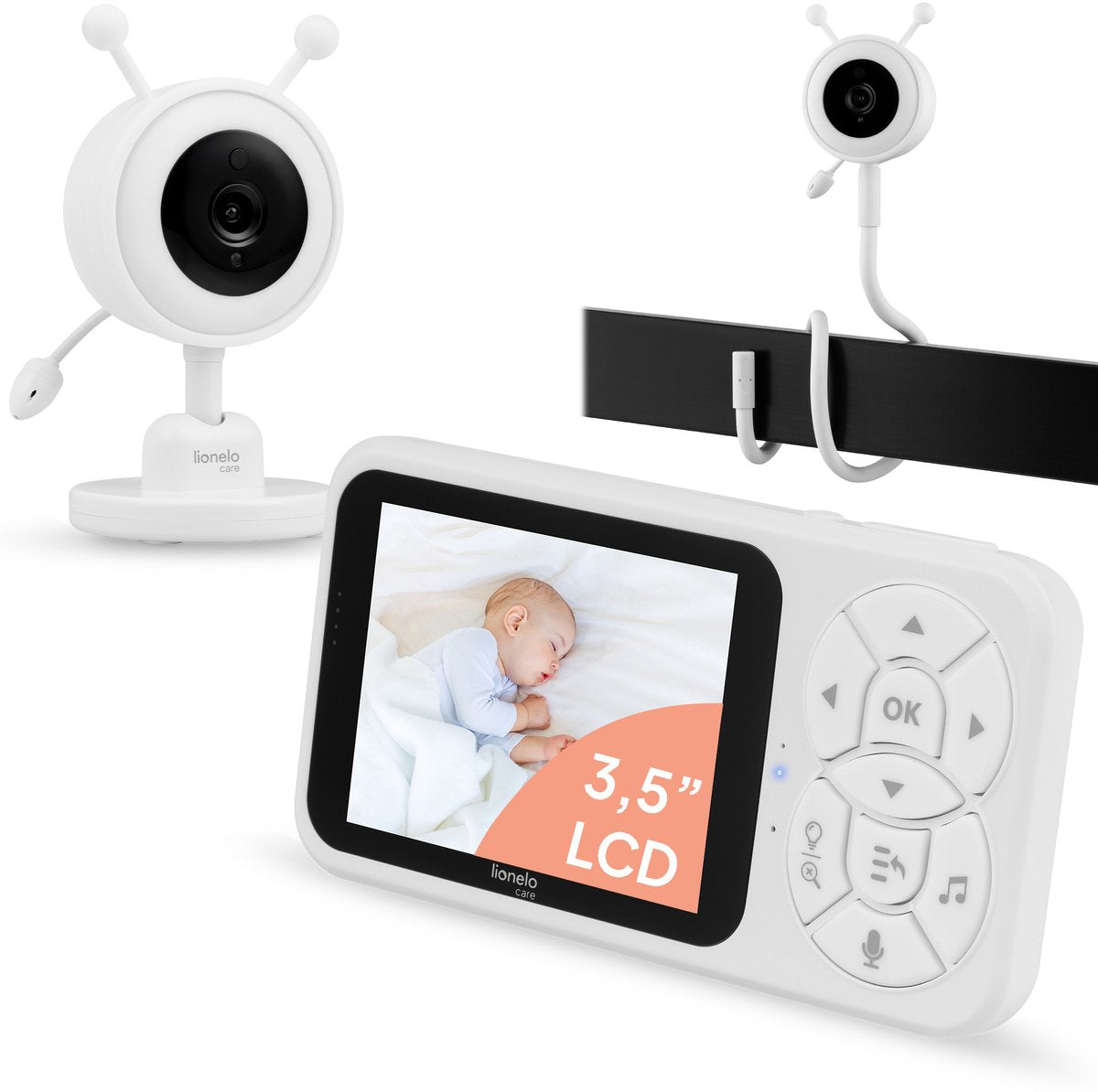 Lionelo Babyline 3.4 Babyphone – 3,5-Zoll-LCD-Bildschirm – Nachtsicht-Vox-Geräuscherkennung – Zwei-Wege-Kommunikation – RGB-Nachtlicht – Temperatursensor – bis zu 4 Kameras – 300 m Reichweite – mit flexiblem Montagearm