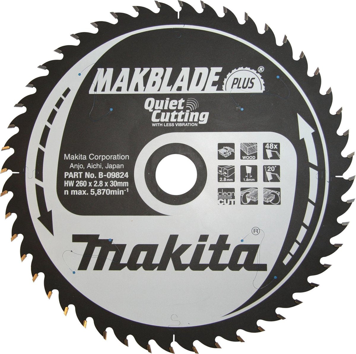 Makita Kreissägeblatt für Holz | makblade-plus | ø 260mm Achsloch 30mm 48t - b-09824
