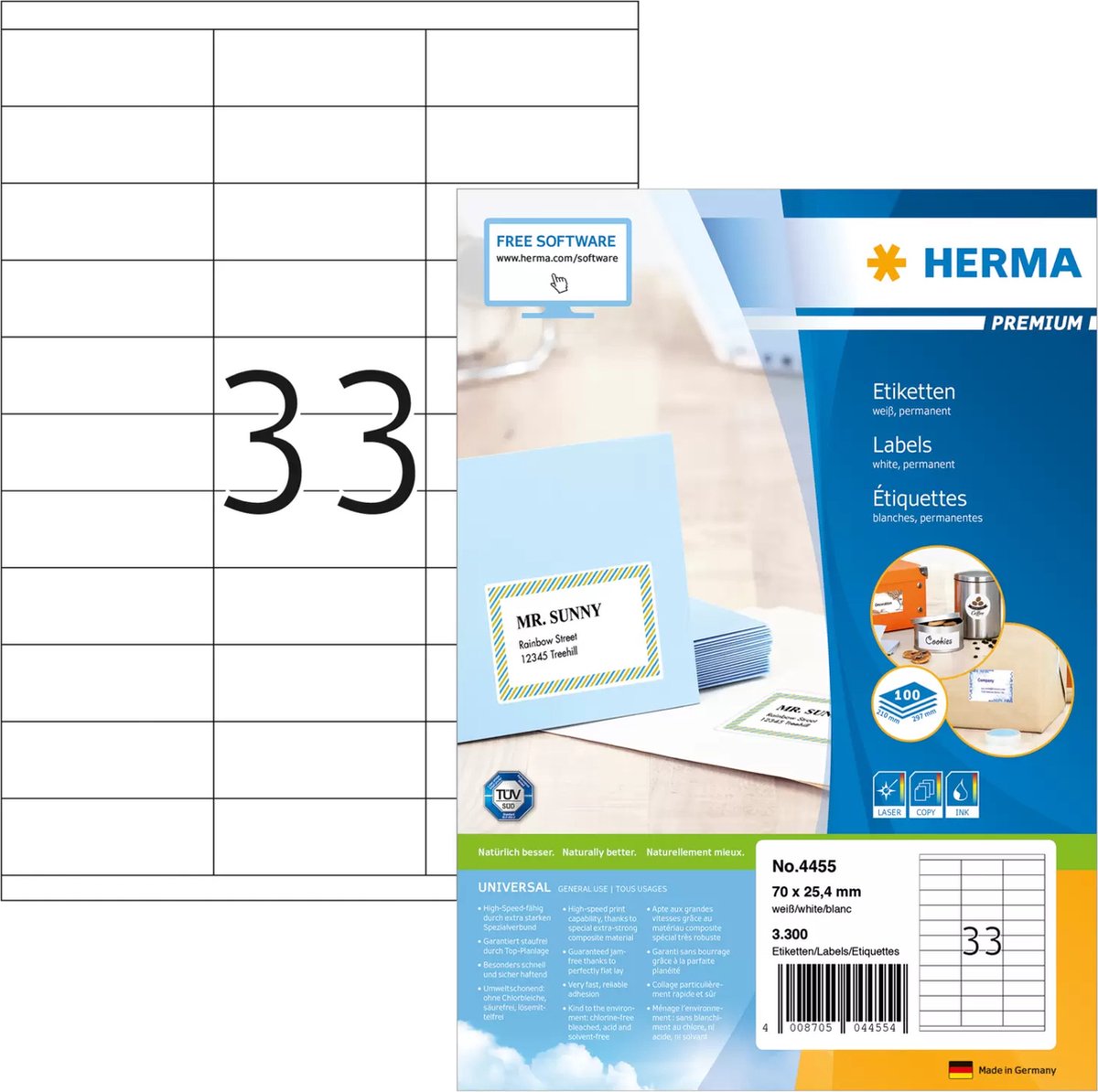 Herma Premium Etiketten 70x25,4 100 Vel DIN A4 3300 Stück 4455