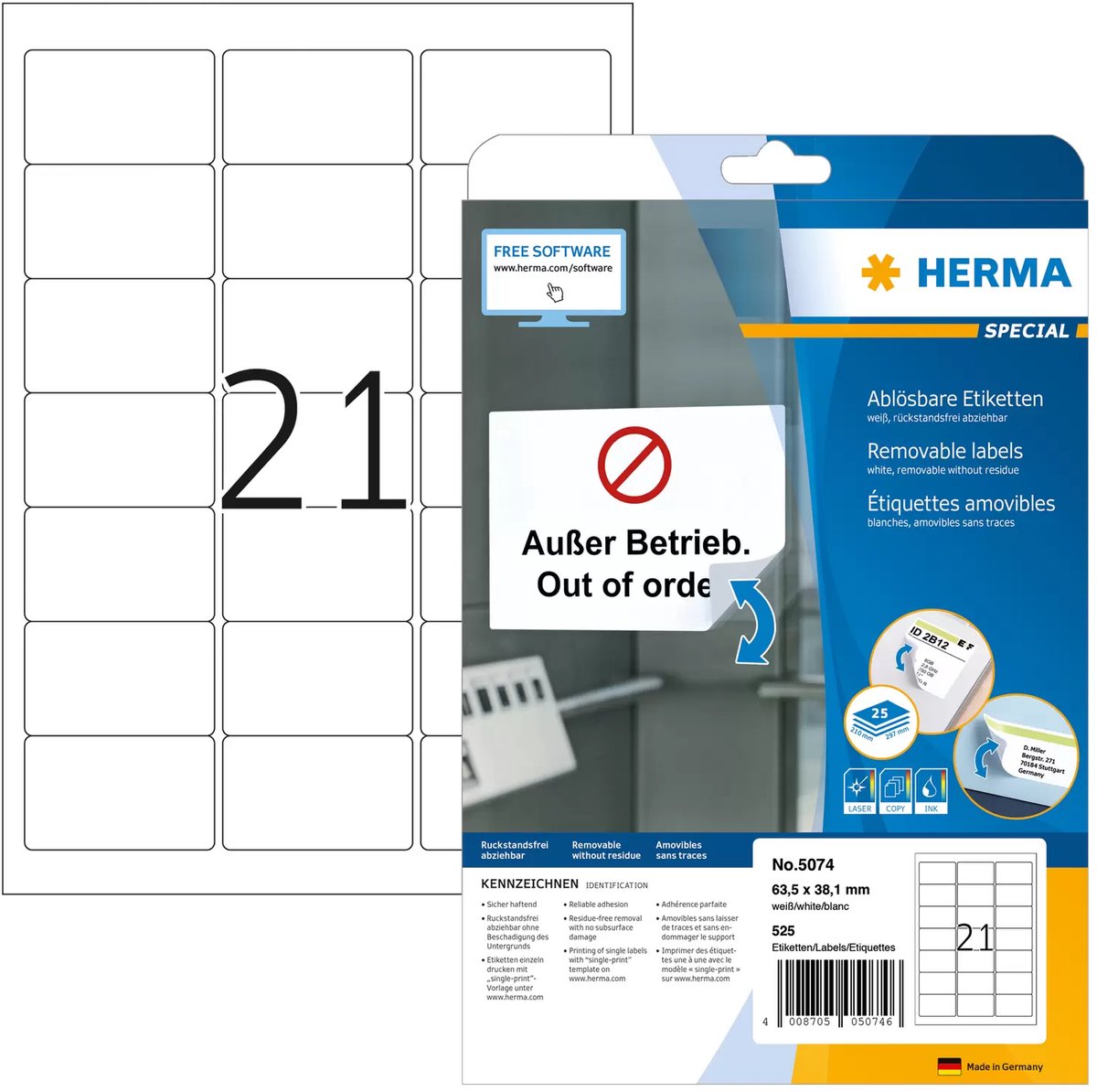 Herma-Etiketten ohne Marke, weiß, 63,5 x 38,1, abnehmbarer Superdruck, 525 Stück.