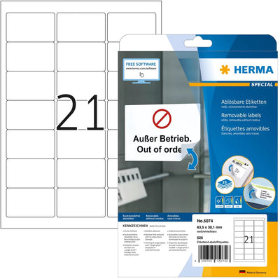 Herma-Etiketten ohne Marke, weiß, 63,5 x 38,1, abnehmbarer Superdruck, 525 Stück.