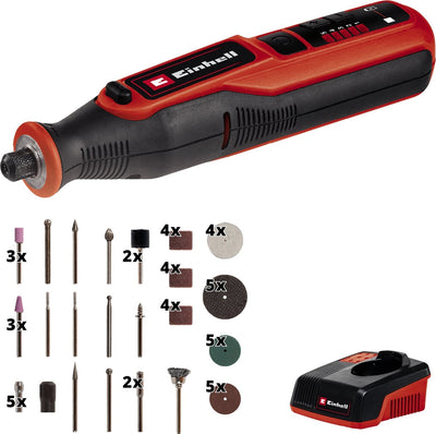 Einhell Akku-Rotations-Multitool - 7,2 V 1,5 Ah Li-Ion - 5.500-26.000 t min - Spannbereich: 1,6-3,2 mm - max. Durchmesser der Aufsätze: ø32 mm - max. Befestigungslänge: 18 mm - inkl. Ladestation + 57-teiliges Zubehörset