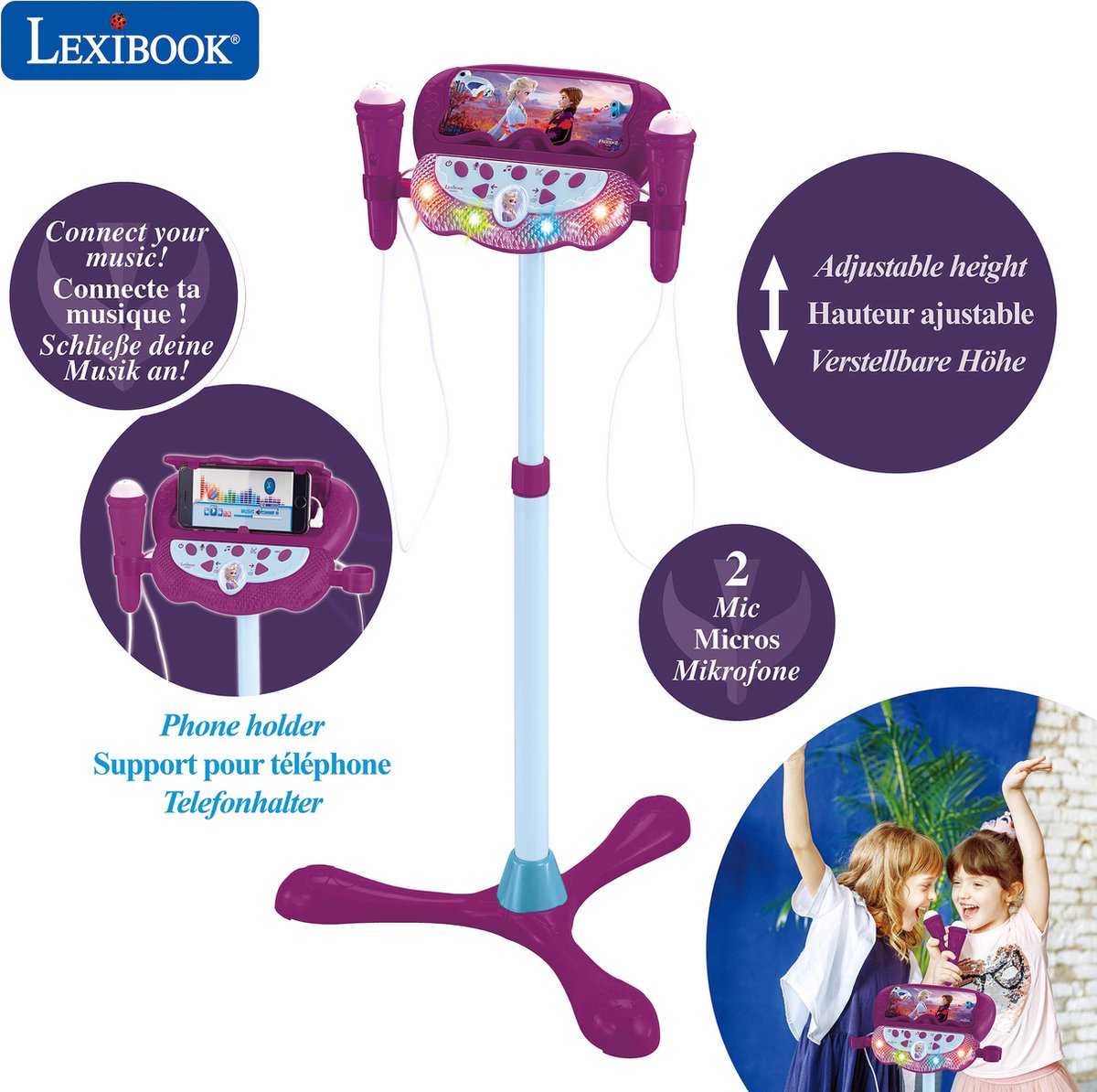 Lexibook Frozen verstellbarer Ständer mit 2 Mikrofonen mit Spracheffekten, Beleuchtung, Lautsprecher, Bluetooth