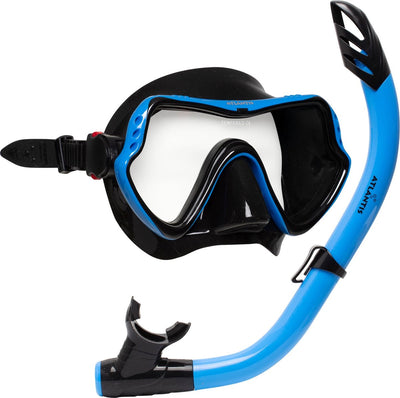 Atlantis Samana Pro Combo – Schnorchelset – Schnorchel-Taucherbrille – verstärktes Glas – Trockenoberteil – Luxus-Aufbewahrungstasche – Erwachsene – Schwarz Blau