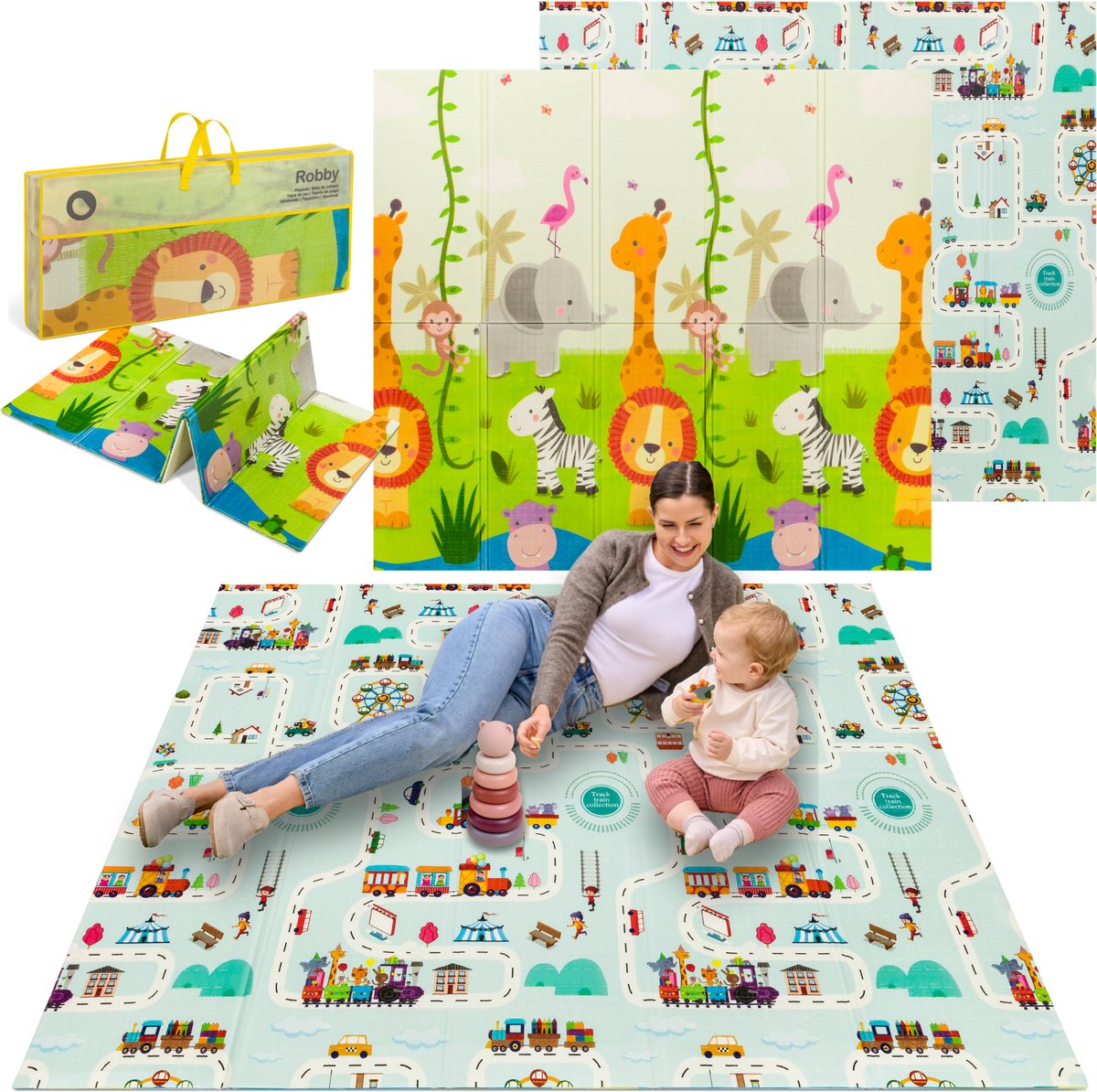 Lionelo Robby – Baby-Fitness-Spielmatte 2-in-1 – doppelseitige Lernmatte 180 x 200 cm – 5 Spielzeugzubehörteile – weiche, wasserdichte hypoallergene Matte – perfekt für drinnen und draußen – einfach zu falten und zu verstauen