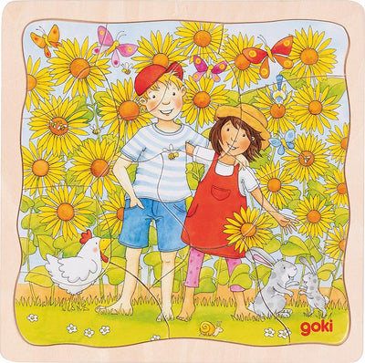 Goki Puzzle - Sonnenblumenfeld - 35 Teile - 3 Schichten - 20x20x1,1cm - Holz - 3+