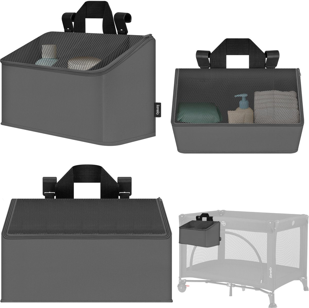 Lionelo Seitentasche mittel – Nachttischtasche, Kinderbett-Organizer 43 x 15 x 23 cm – Griff mit 3 Reißverschlussfächern – für Reisebett, Beistellbox – verstärkt, multifunktional abnehmbar