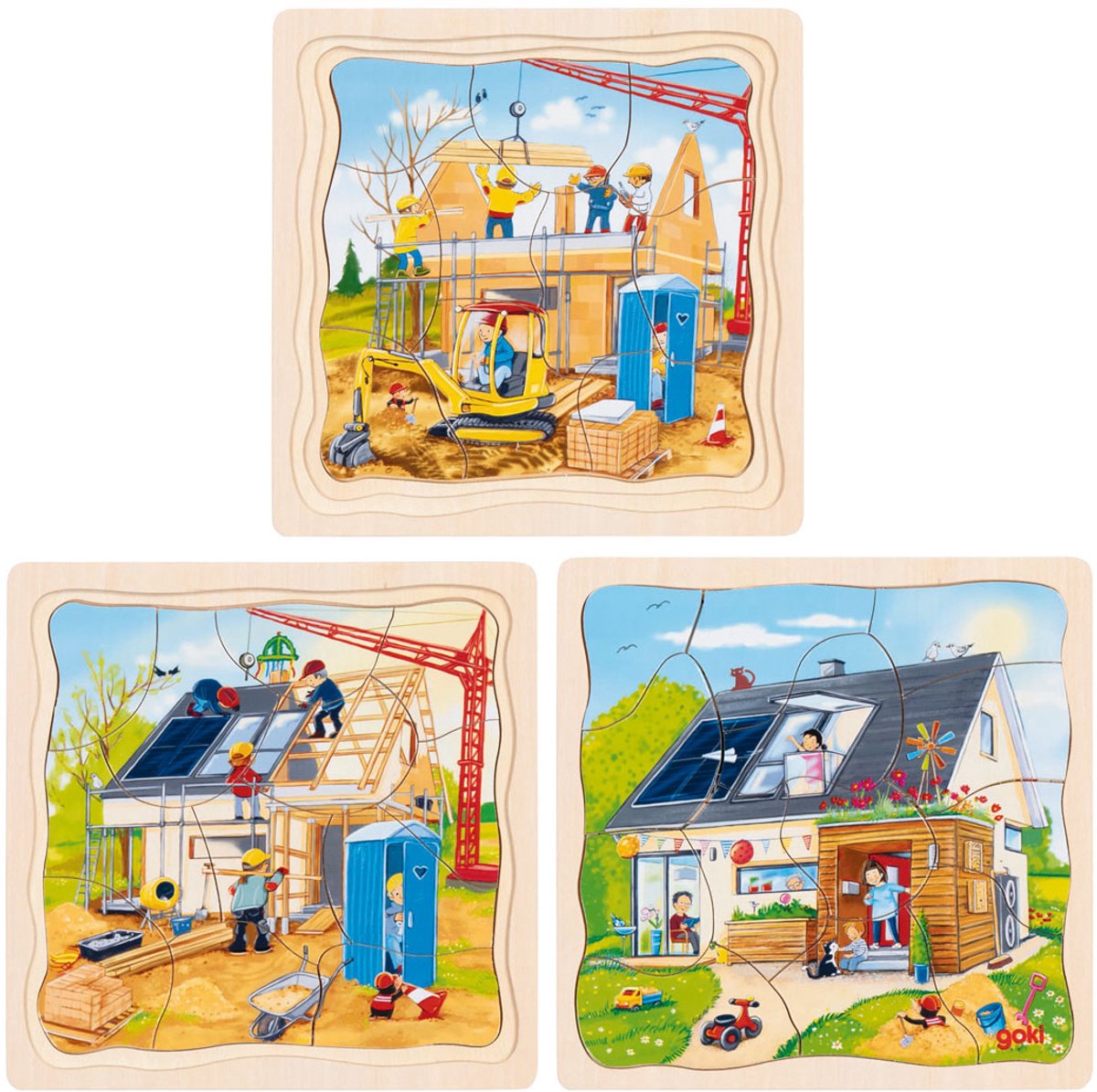 Goki Holz 3-Schichten-Puzzle - Hausbau - 35 Teile.
