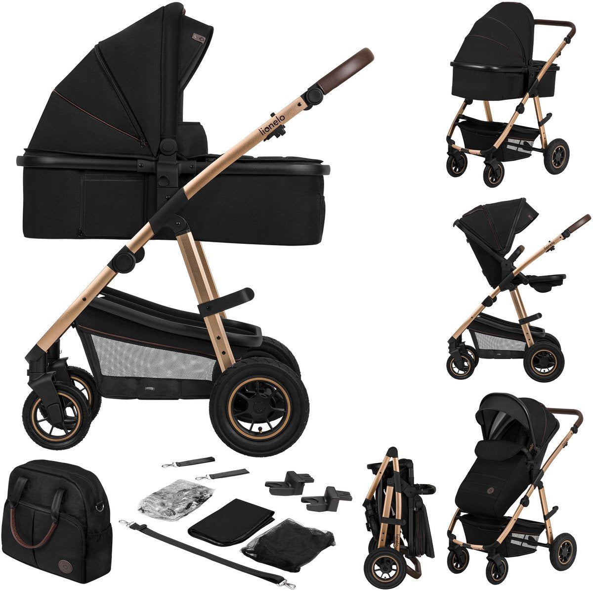Lionelo Amber 2in1 – Kinderwagen 2 in 1 – Reisebett + Buggy – von der Geburt bis 22 kg (0–4 Jahre) – Luftreifen – Vollfederung – bequeme Matratze – schnell faltbar – Wickeltasche – Moskitonetz – Regenschutz – Wickelauflage – Kinderwagen – Baby-Kleinkind