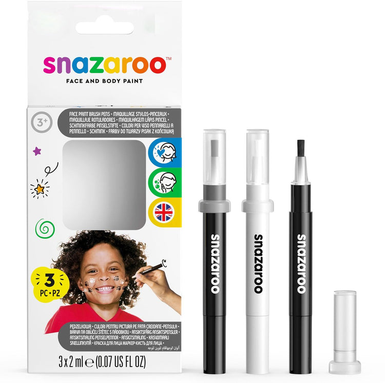 Snazaroo 1180156 Pinselstift-Set Schwarz und Weiß 3-teilig – Gesichtsbemalungsmarker für Detailkonturen – gebrauchsfertig