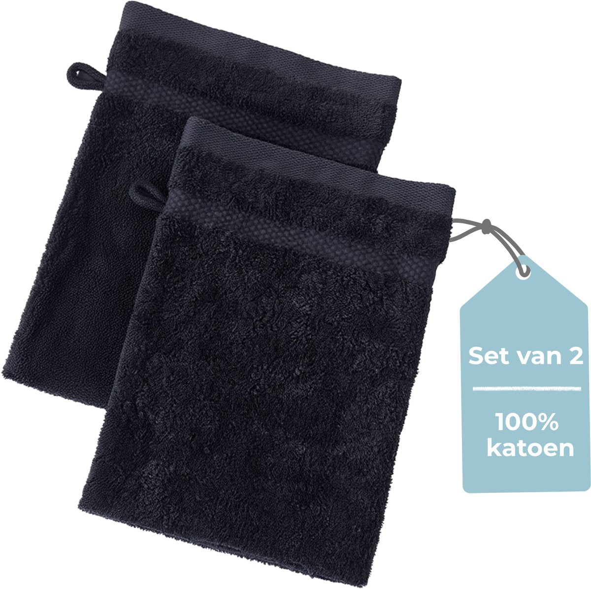 Stille. Living Hush Living Waschlappen – 2er-Set – 100 % Baumwolle – schwere Qualität 500 g m2 – stilvolle Bordüre und Aufhängeöse – 16 x 22 cm – schwarz