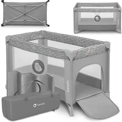 Lionelo Campingbett 3 in 1 – Babybett, zusammenklappbarer Laufstall, Reisebett – 60 x 120 cm – 0–36 Monate bis 15 kg – mit Komfortmatratze – Seiteneingang mit Reißverschluss – Rollen – Transporttasche – Stefi-Babybett, Babybox, Kinderbett