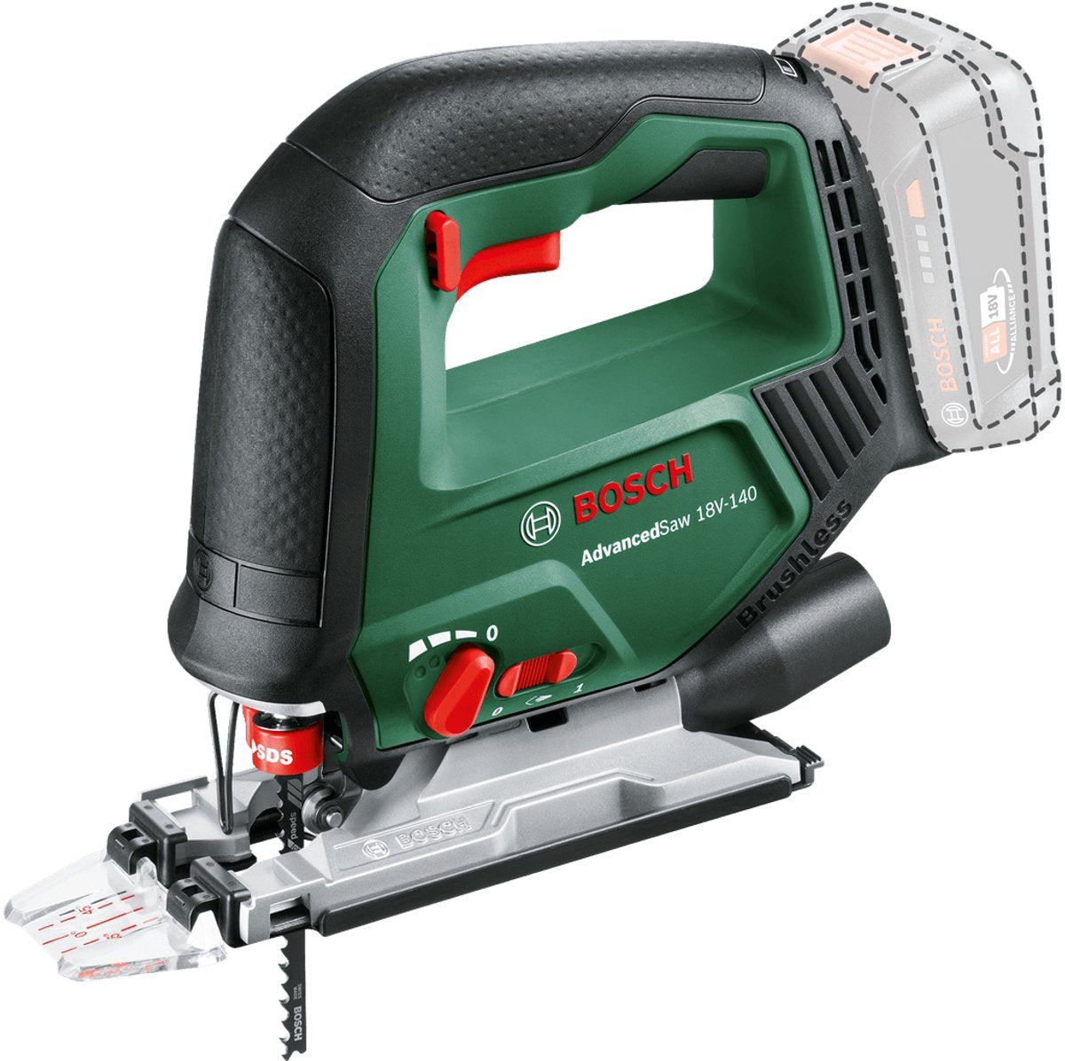 Bosch AdvancedSaw 18V-140 – Akku-Stichsäge – inklusive 3x Sägeblatt (T144D) – Schnittkontrolle – Schutzschuh – Staubschutzhülle – Splitterschutzplatte – ohne Ladegerät und 18-V-Li-Ionen-Akku