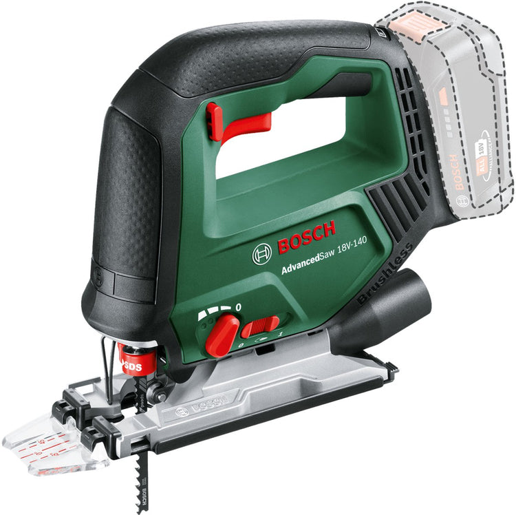 Bosch AdvancedSaw 18V-140 – Akku-Stichsäge – inklusive 3x Sägeblatt (T144D) – Schnittkontrolle – Schutzschuh – Staubschutzhülle – Splitterschutzplatte – ohne Ladegerät und 18-V-Li-Ionen-Akku