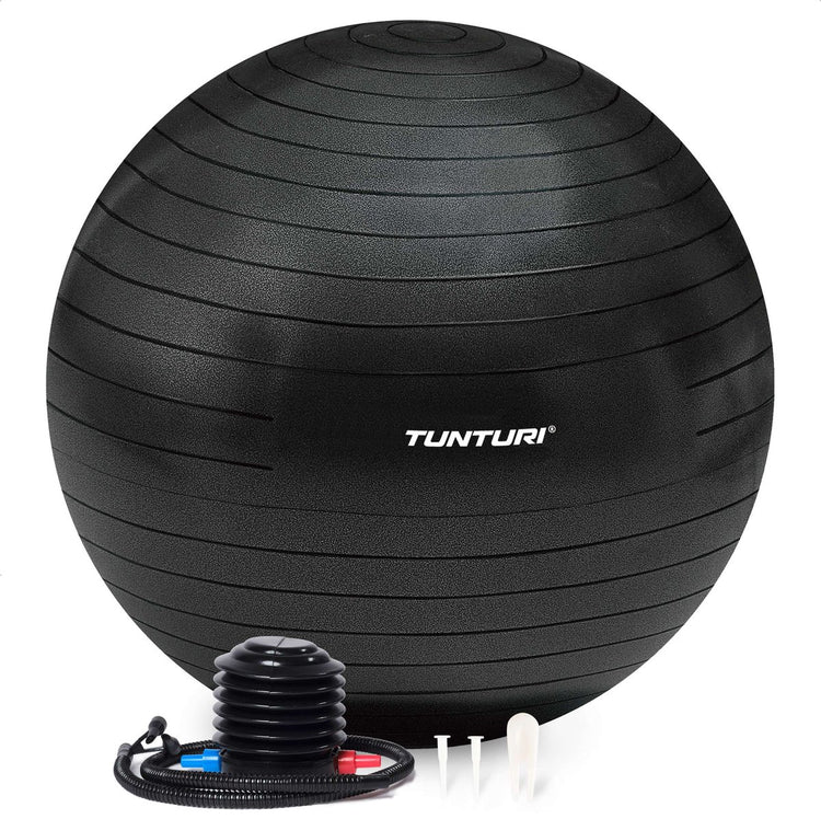 Tunturi Anti-Burst-Fitnessball mit Pumpe – Yogaball 55 cm – Pilatesball – Schwangerschaftsball – 220 kg Benutzergewicht – inkl. Trainings-App – Schwarz