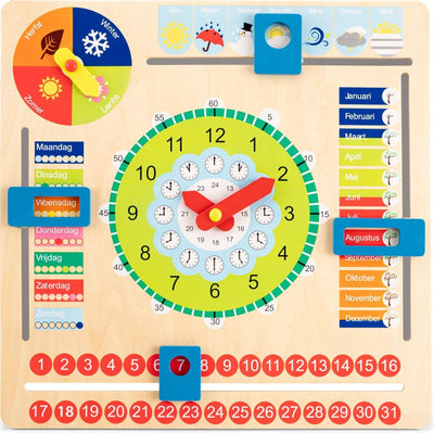 Woet New Classic Toys® Kalenderuhr aus Holz – Zeit ablesen lernen – Lernuhr – Wissen Sie, welcher Tag heute ist? Wie spät ist es? Scheint die Sonne? - Tage, Monate, Jahreszeiten, Wetter - Lernspielzeug - ab 3 Jahren