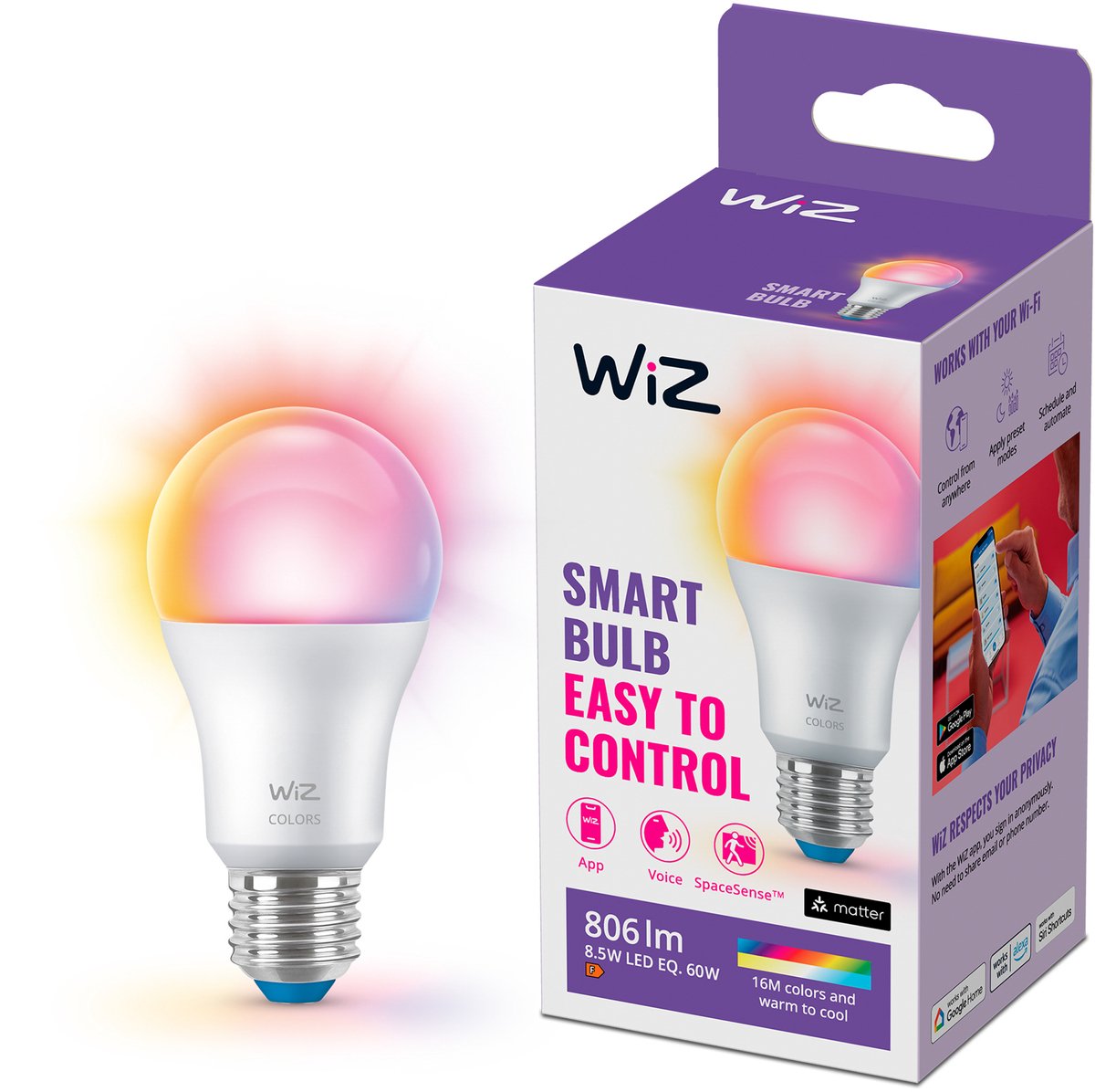 Wiz-Lampe – farbiges und weißes Licht – intelligente LED-Beleuchtung – E27-Fassung – 60 W – matt – WLAN