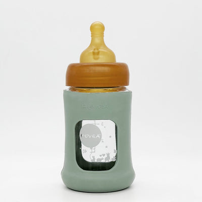 Hevea Weithals-Babyglasflasche mit Hülle, 150 ml, 5 oz, Einzelpackung (Seeschaumblau)