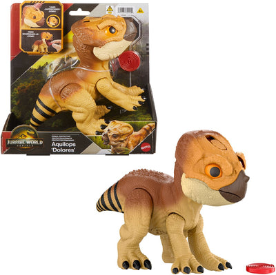 Mattel Jurassic World Rebirth Guardian Animal Aquilops „Dolores“, interaktives Dinosaurierspielzeug mit Angriffsaktion und Geräuschen, elektronische Figur im Tierfreund-Stil, mit Futterzubehör