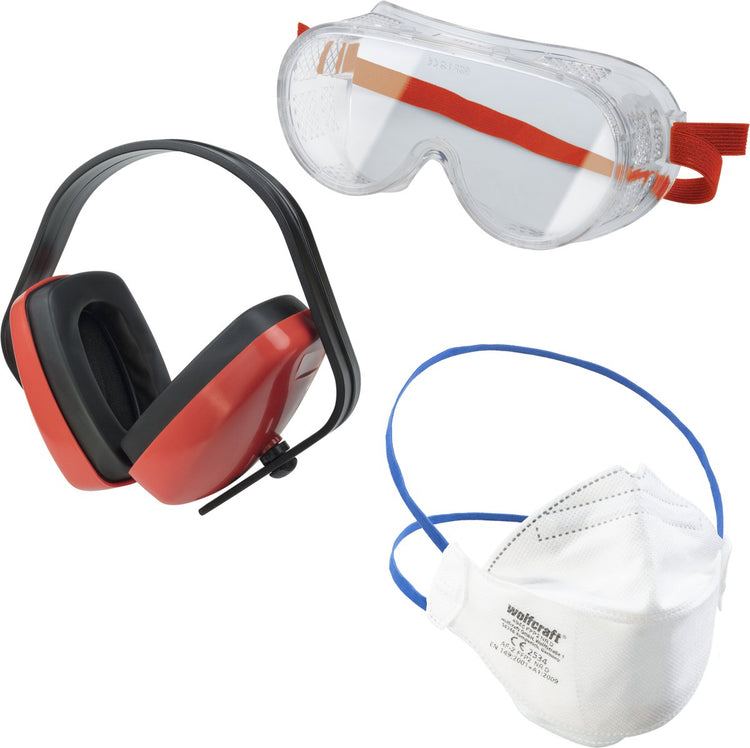 Wolfcraft – Schutzbrillen-Set – 3-teilig – inklusive Staubmaske und Gehörschutz – 4980000