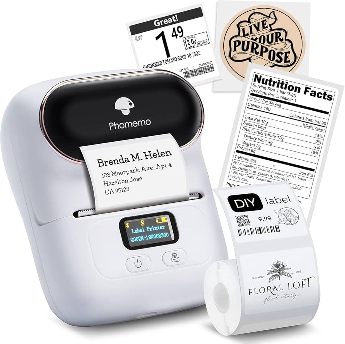 Phomemo – m110 – tragbarer Etikettendrucker – kabelloser Thermo-Etikettendrucker – mit App – Etiketten inklusive – Bluetooth – Weiß