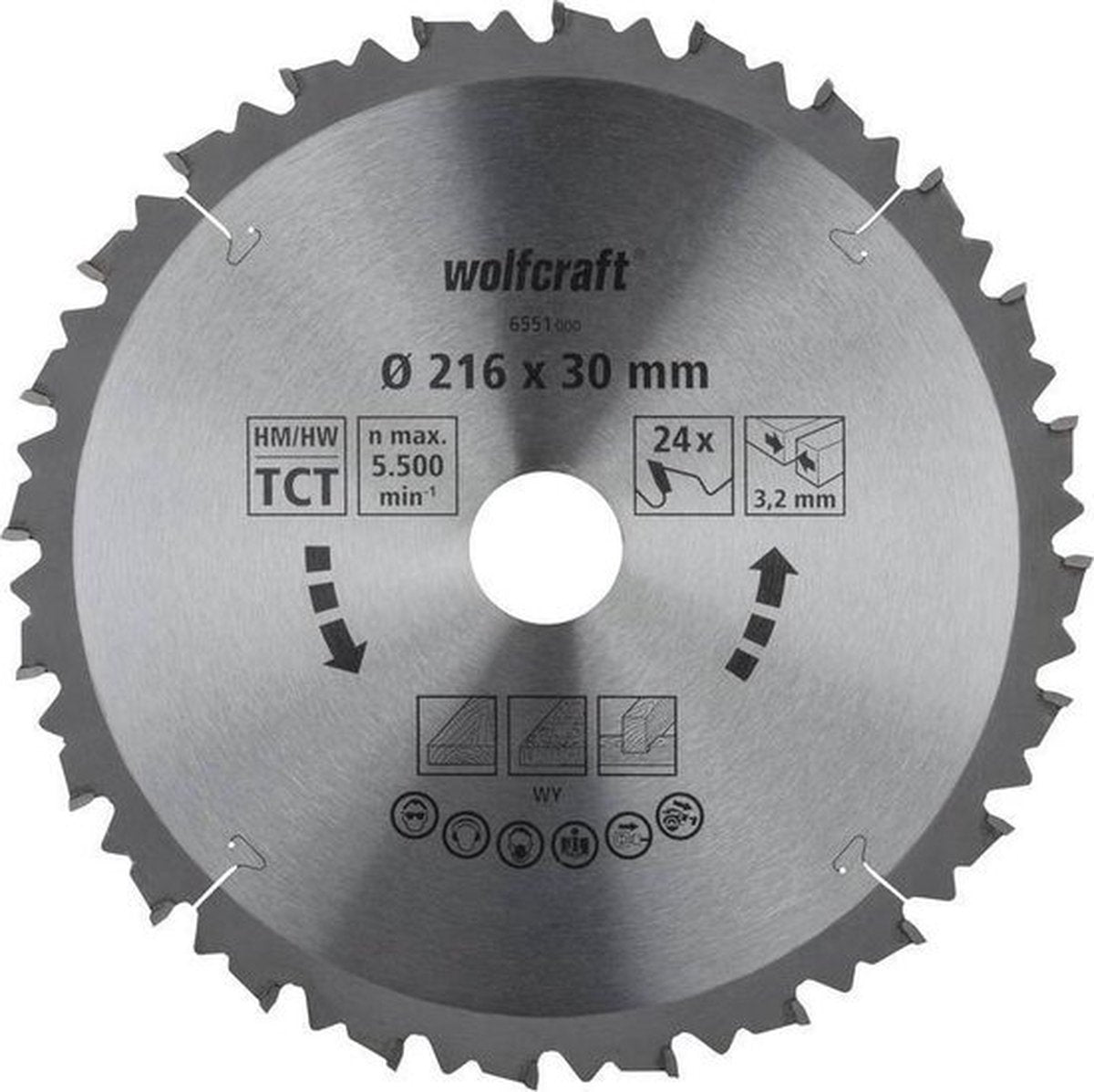 Wolfcraft - Kreissägeblatt 216x30 mm Kappsäge - 24 Zähne - passend für Kappsägen und Tischkreissägen - 6551000