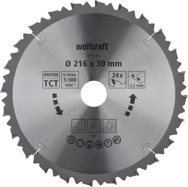 Wolfcraft - Kreissägeblatt 216x30 mm Kappsäge - 24 Zähne - passend für Kappsägen und Tischkreissägen - 6551000