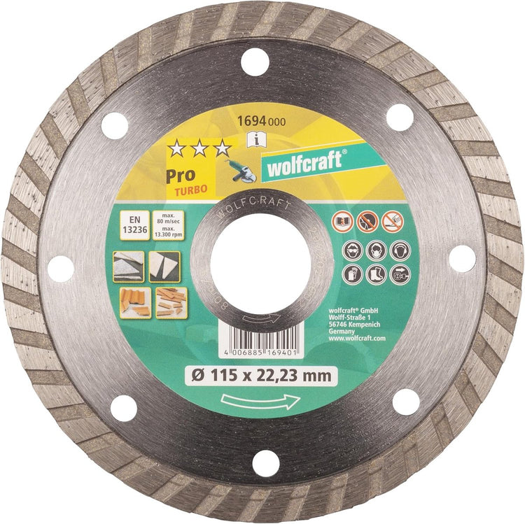 Wolfcraft – Diamanttrennscheibe 115 mm – Pro Turbo Diamanttrennscheibe für Winkelschleifer – 1694000