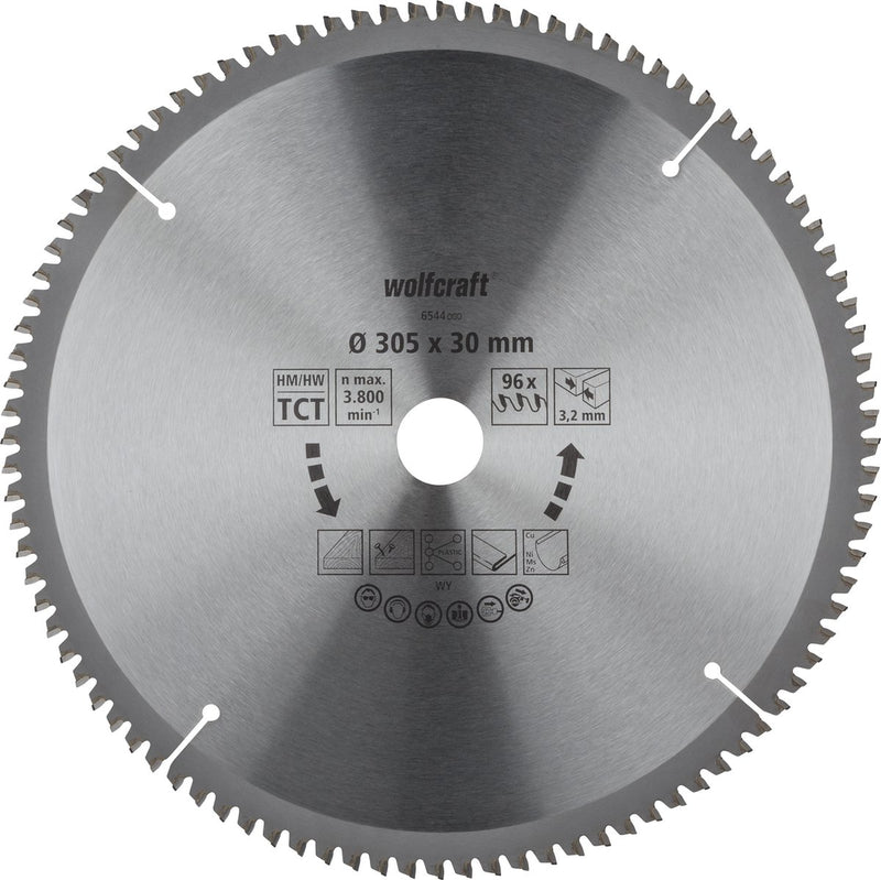Wolfcraft - Sägeblatt 305x30mm für Kappsäge - 96 Zähne - Gehrungssäge - Serie Flieder - 6544000