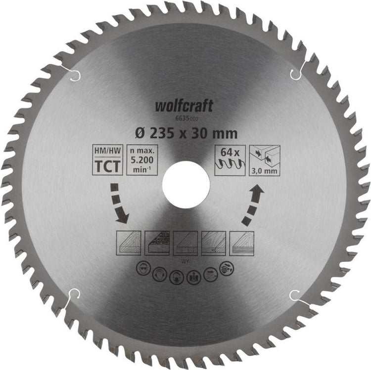 Wolfcraft - Kreissägeblatt 235 mm - 64 Zähne - 30 mm Bohrung - für Kreissäge - 235x30 - 6635000