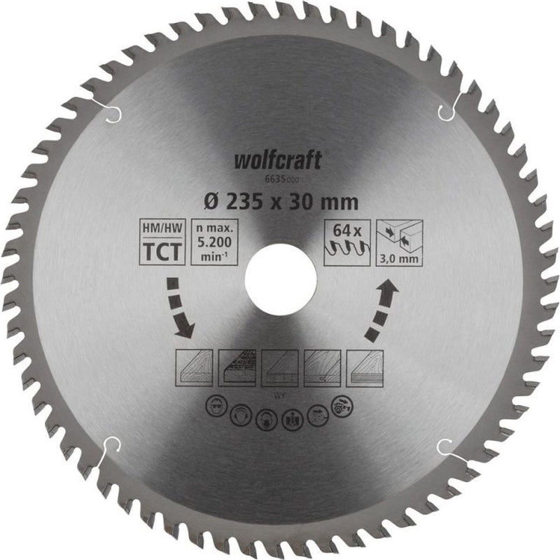 Wolfcraft - Kreissägeblatt 235 mm - 64 Zähne - 30 mm Bohrung - für Kreissäge - 235x30 - 6635000
