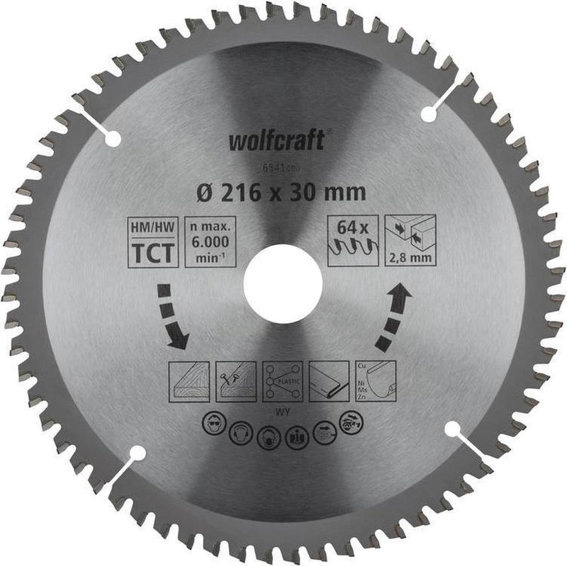 Wolfcraft - Sägeblatt 216 x 30 mm - 64 Zähne - Gehrungssägeblatt HM, Serie Flieder - 6541000