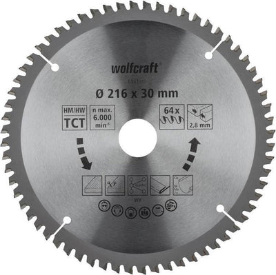Wolfcraft - Sägeblatt 216 x 30 mm - 64 Zähne - Gehrungssägeblatt HM, Serie Flieder - 6541000