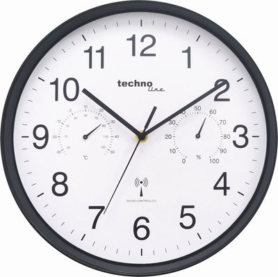 Technoline wt 8945 – Wanduhr – analog – rund – Kunststofffenster – funkgesteuerte Zeitanzeige – Innentemperatur – Innenfeuchtigkeit – Schwarz
