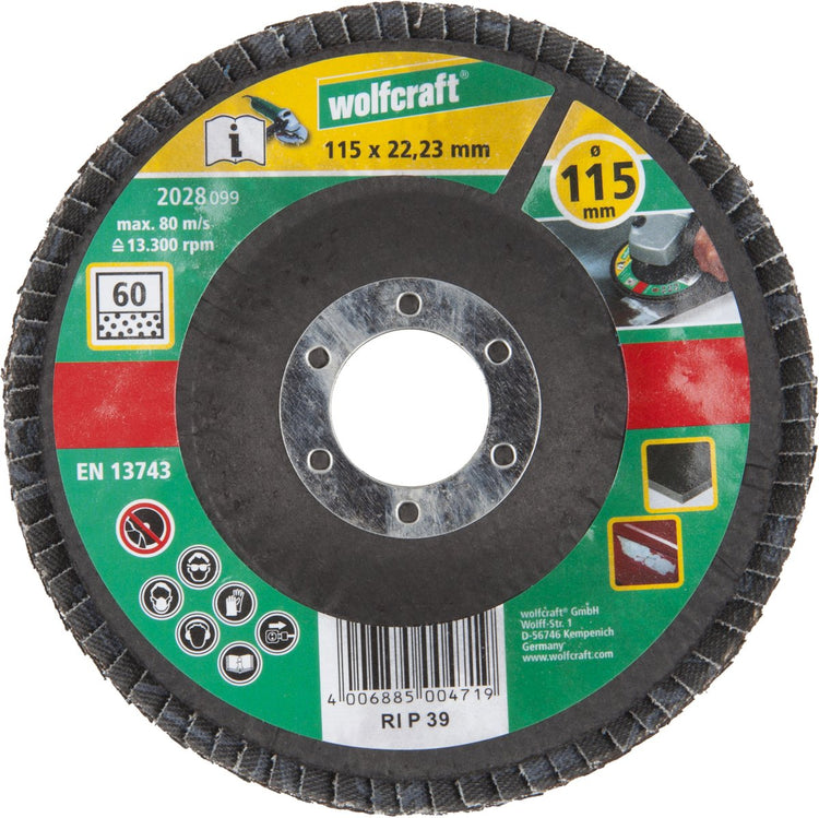 Wolfcraft – Fächerschleifscheibe – 115 mm – Körnung 60 – Schleiffächerplatten-Winkelschleifer für Metall – 2028099