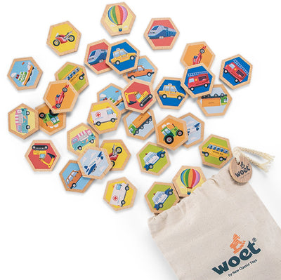 Woet® Holz-Memory-Spiel mit Fahrzeugen – Memory-Spiel für Kinder – FSC – inklusive Aufbewahrungstasche – Lernspielzeug – ab 2 Jahren