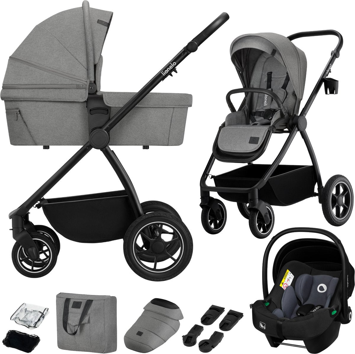 Lionelo Meril 3in1 Kinderwagen – Buggy – XL-Babywanne, Kinderwagen ADAC-zertifizierter Autositz – All-Terrain-Räder – komplettes Zubehörset – UPF50+