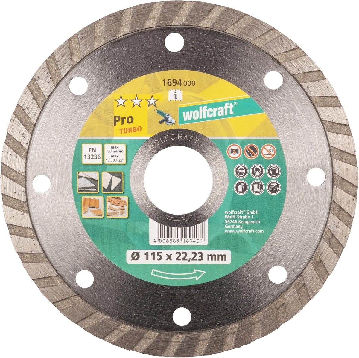 Wolfcraft – Diamanttrennscheibe 115 mm – Pro Turbo Diamanttrennscheibe für Winkelschleifer – 1694000