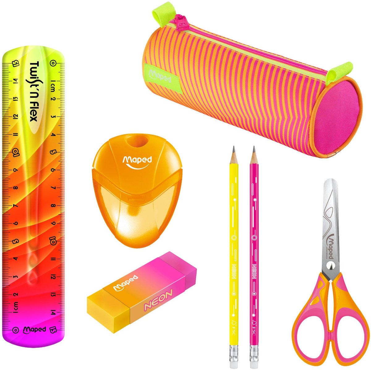 Maped Office Maped Neon Bundle – Federmäppchen, Zeichenset und Kinderschere