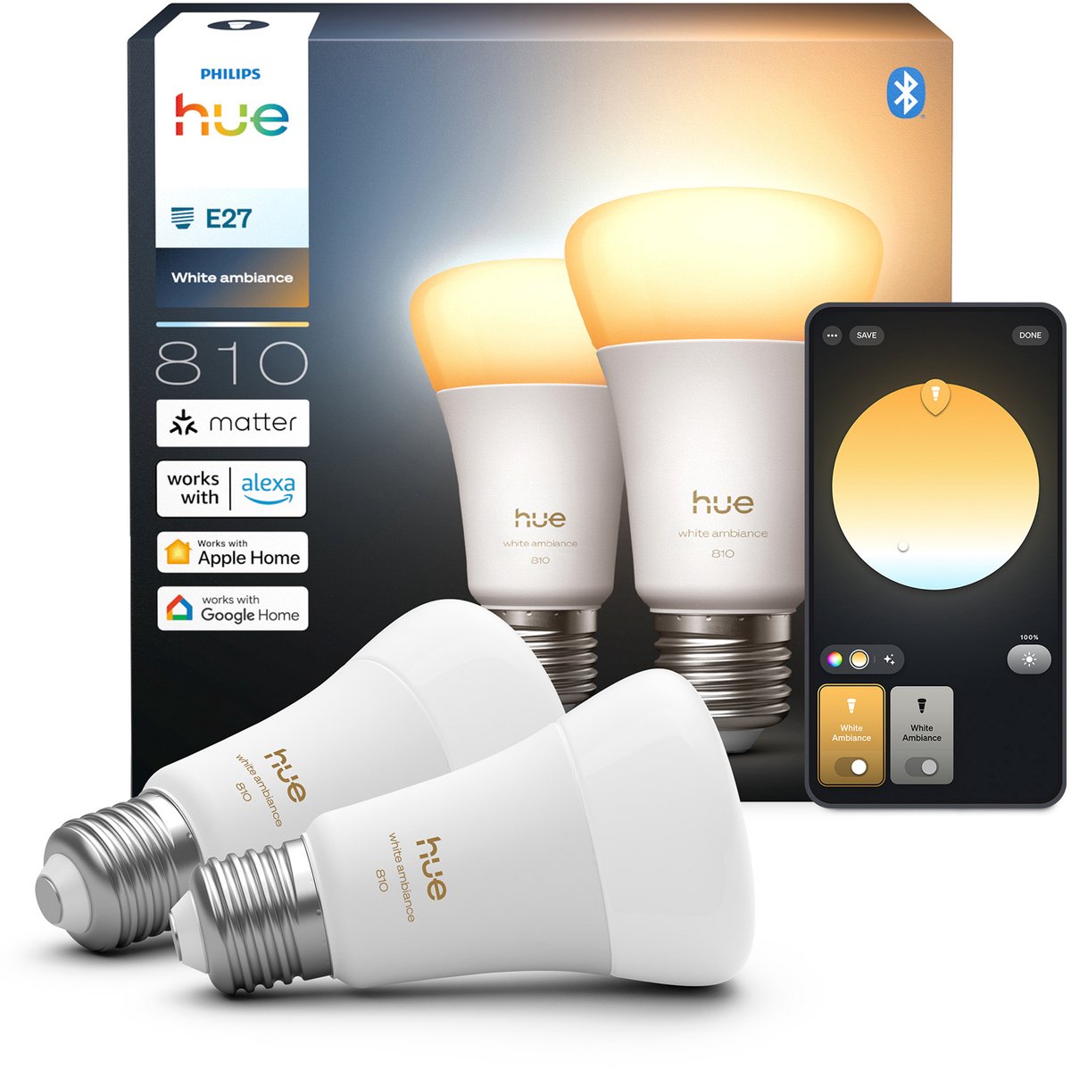 Philips Hue Smart LED A60 Lampe, warmes bis kaltweißes Licht, E27-Fassung, 2er-Pack